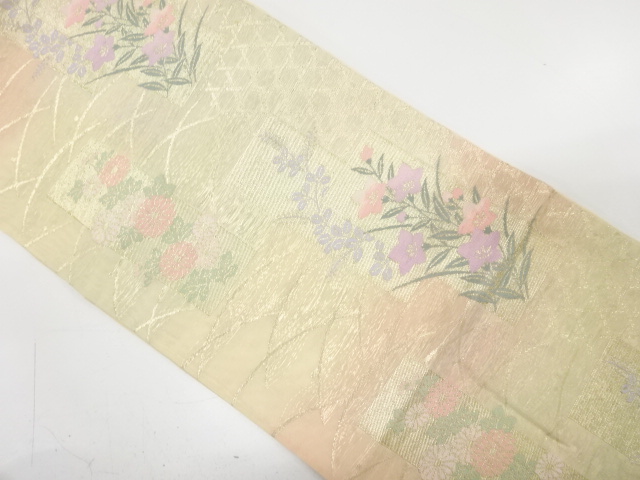 アンティーク　紗　籠目に菊・秋草模様織り出し袋帯（材料）